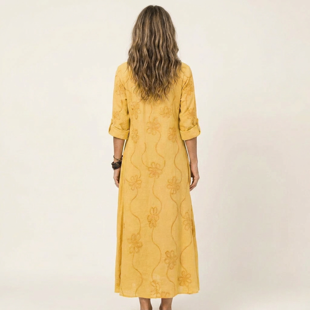 Mariam | Vestito lungo in cotone-lino con ricami floreali tono su tono