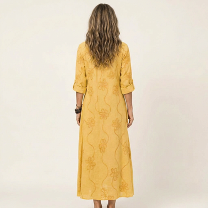Mariam | Vestito lungo in cotone-lino con ricami floreali tono su tono