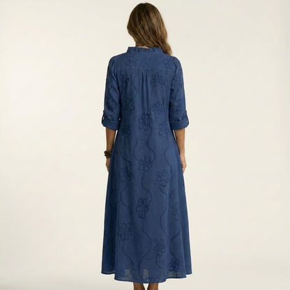 Mariam | Vestito lungo in cotone-lino con ricami floreali tono su tono
