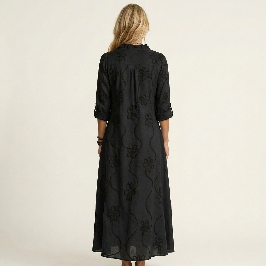 Mariam | Vestito lungo in cotone-lino con ricami floreali tono su tono