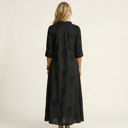 Mariam | Vestito lungo in cotone-lino con ricami floreali tono su tono