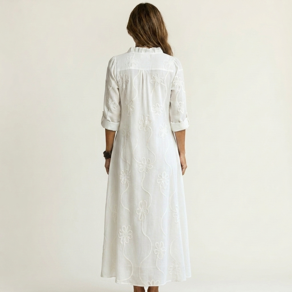 Mariam | Vestito lungo in cotone-lino con ricami floreali tono su tono