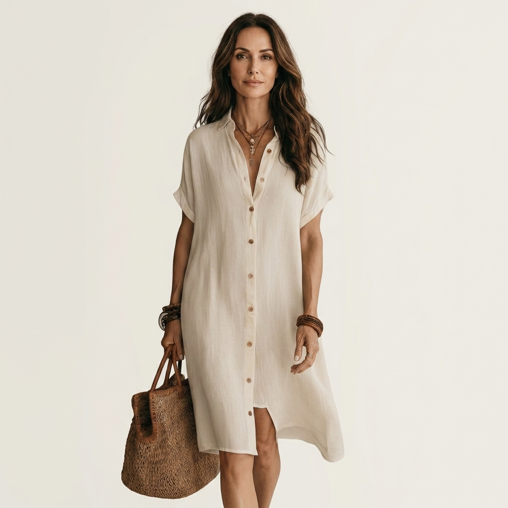Nidalie | Vestito chemisier midi in cotone-lino con polsini arrotolati