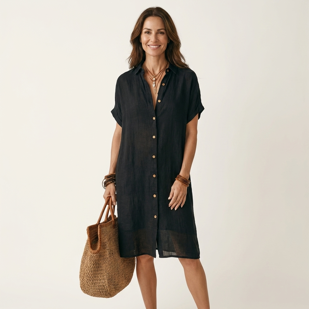 Nidalie | Vestito chemisier midi in cotone-lino con polsini arrotolati