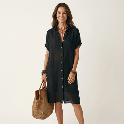 Nidalie | Vestito chemisier midi in cotone-lino con polsini arrotolati