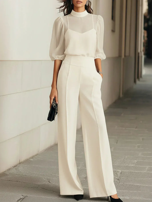 Valentina • Completo nero da tre pezzi con top trasparente in stile camisole e pantaloni a gamba larga • S1