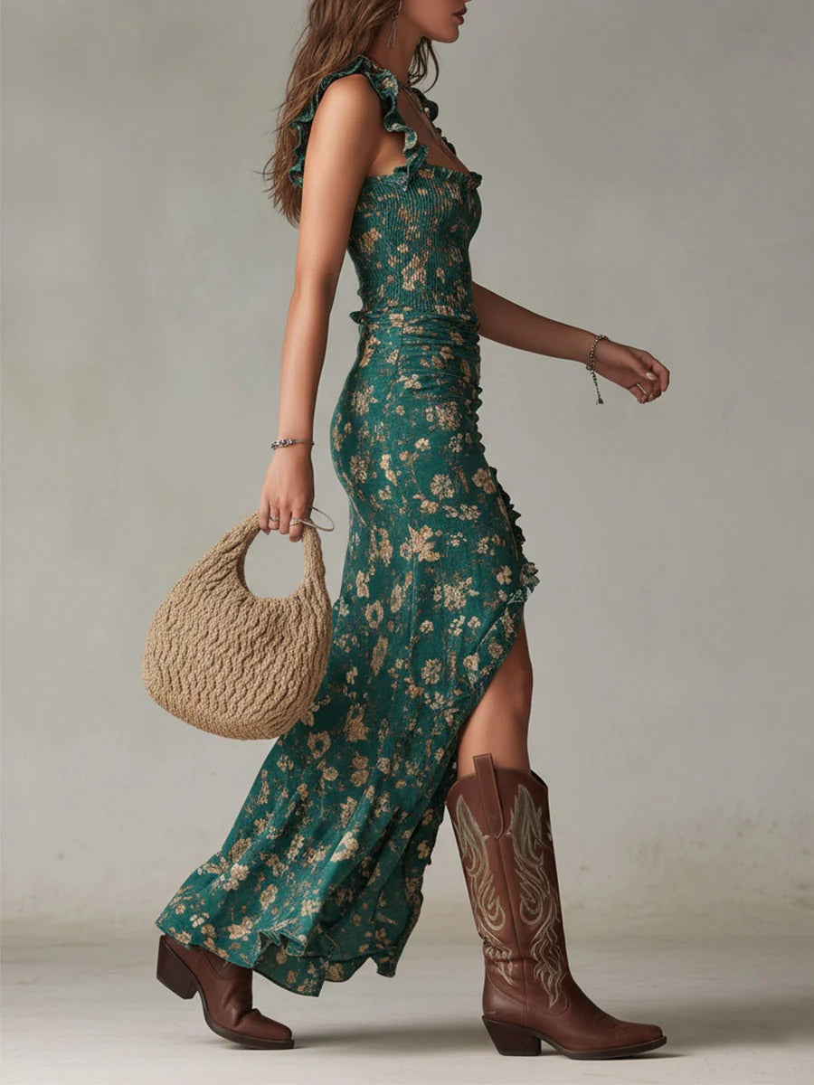 Zara | Abito lungo bohemiano floreale arricciato con spacchi laterali