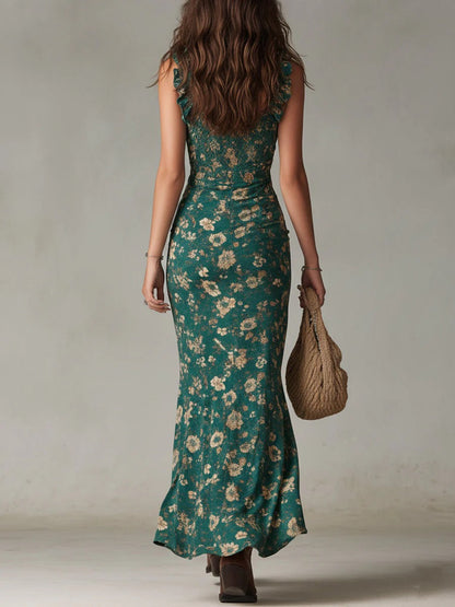 Zara | Abito lungo bohemiano floreale arricciato con spacchi laterali