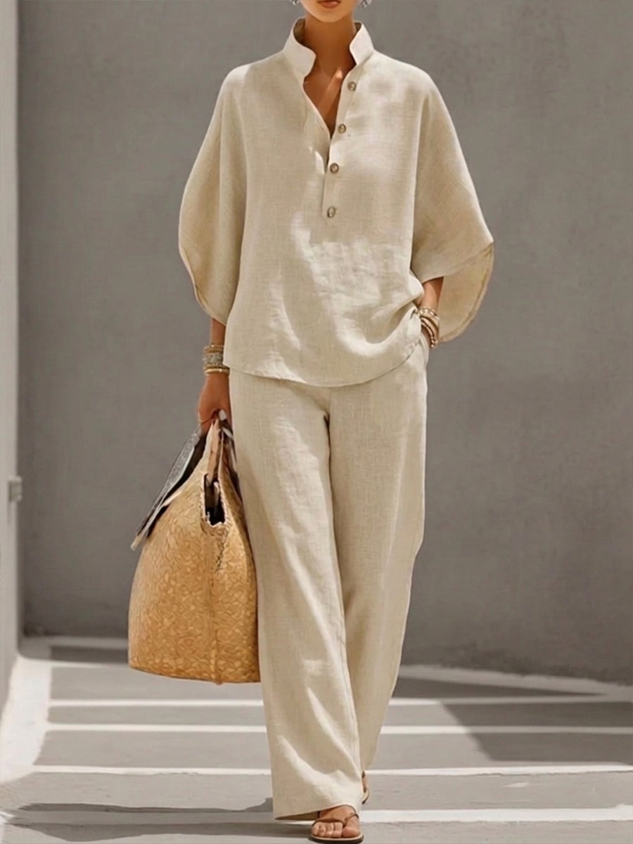 Eszter™ – set in cotone-lino con maniche a pipistrello e pantaloni a gamba ampia • S1