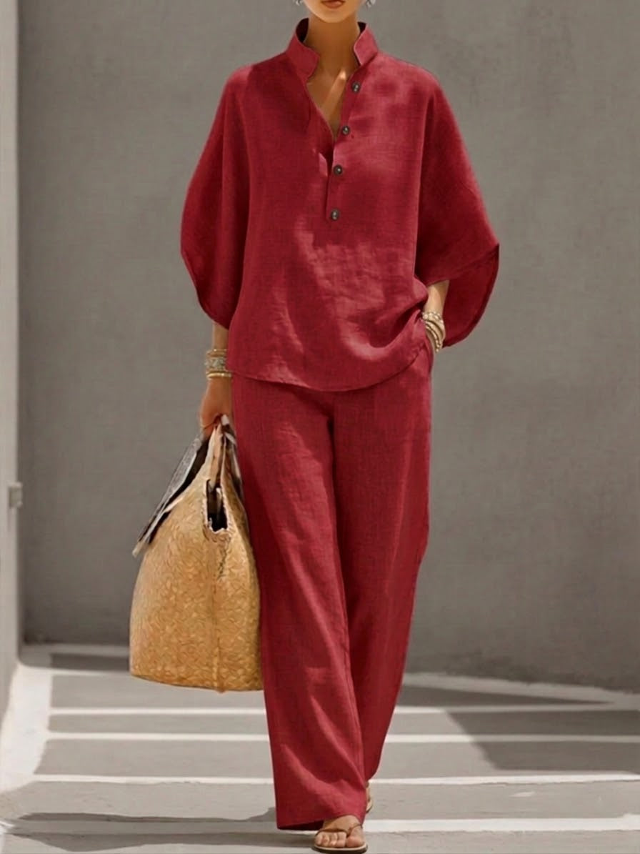 Eszter™ – set in cotone-lino con maniche a pipistrello e pantaloni a gamba ampia • S1