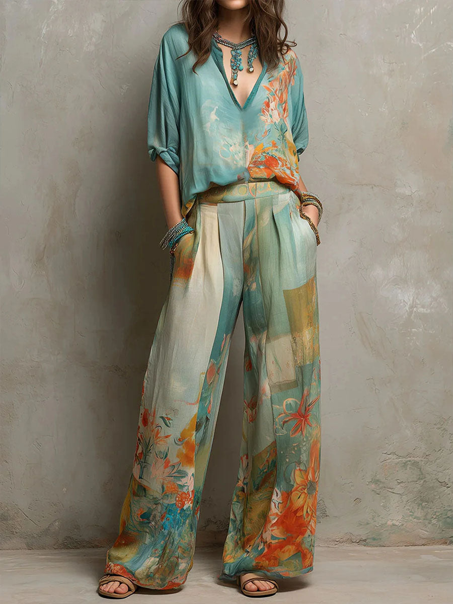 Chiara | Set elegante con stampa floreale e pantaloni a palazzo