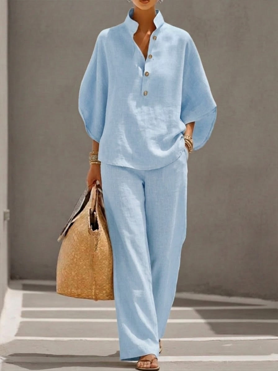 Eszter™ – set in cotone-lino con maniche a pipistrello e pantaloni a gamba ampia • S1