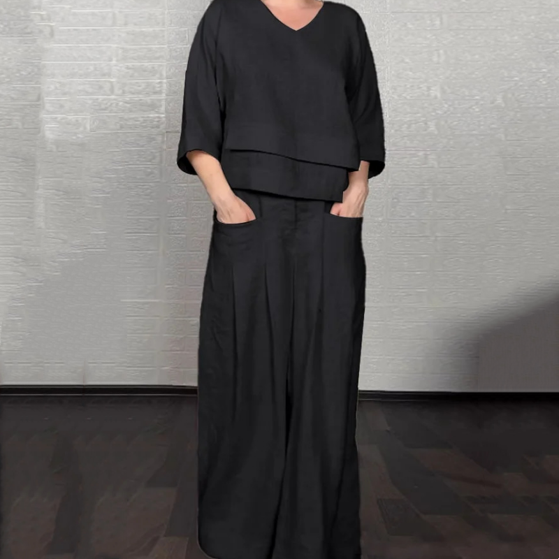 Liza | set da due pezzi in cotone e lino – top con scollo a V e pantaloni a palazzo • S1