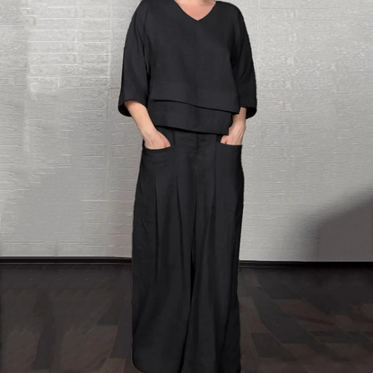 Liza | set da due pezzi in cotone e lino – top con scollo a V e pantaloni a palazzo • S1