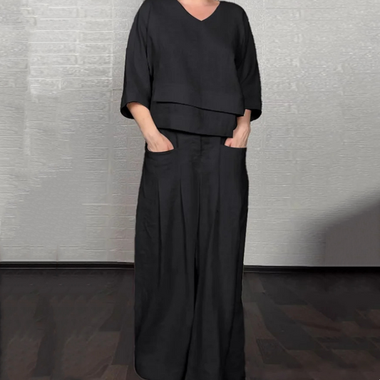 Liza | set da due pezzi in cotone e lino – top con scollo a V e pantaloni a palazzo • S1