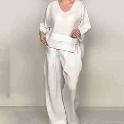 Liza | set da due pezzi in cotone e lino – top con scollo a V e pantaloni a palazzo • S1