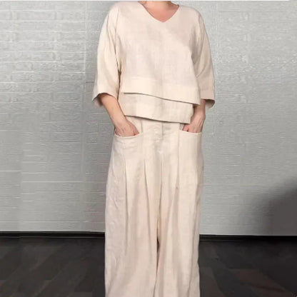Liza | set da due pezzi in cotone e lino – top con scollo a V e pantaloni a palazzo • S1