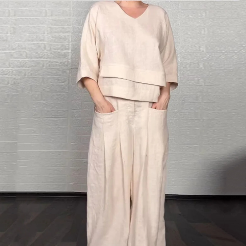 Liza | set da due pezzi in cotone e lino – top con scollo a V e pantaloni a palazzo • S1