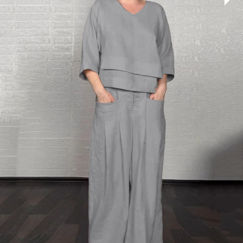 Liza | set da due pezzi in cotone e lino – top con scollo a V e pantaloni a palazzo • S1