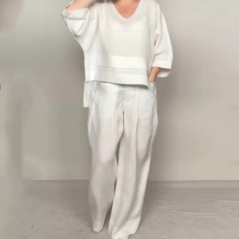 Liza | set da due pezzi in cotone e lino – top con scollo a V e pantaloni a palazzo • S1
