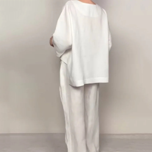 Liza | set da due pezzi in cotone e lino – top con scollo a V e pantaloni a palazzo • S1