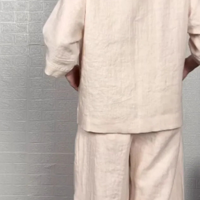 Liza | set da due pezzi in cotone e lino – top con scollo a V e pantaloni a palazzo • S1