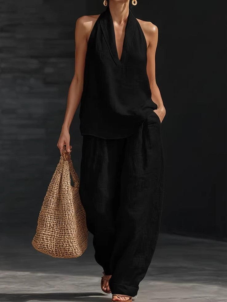 Amelia | Completo di top con scollo a V in lino sintetico e pantaloni a palazzo