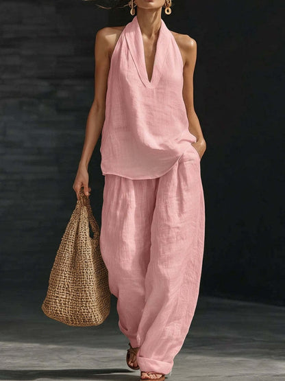 Amelia | Completo di top con scollo a V in lino sintetico e pantaloni a palazzo